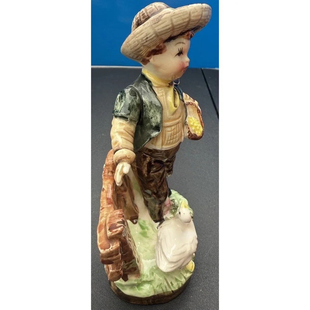 Vintage Porcelain Figurine Boy Feeding goose with basket Collectible Arrow Japan